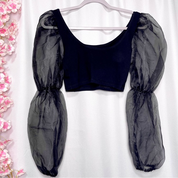 🌸 4/$20 Goth Sheer Puff Sleeve black crop top small - Picture 2 of 5